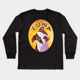 Luna Boston Terrier Face Tilted Cartoon Cameo Kids Long Sleeve T-Shirt